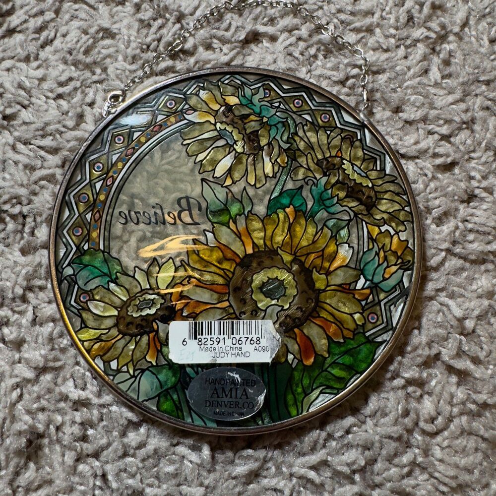 Stained Glass Believe Sun Flowers Round Sun Catcher Hanging Art 4.5" Colorful - Picture 2 of 5